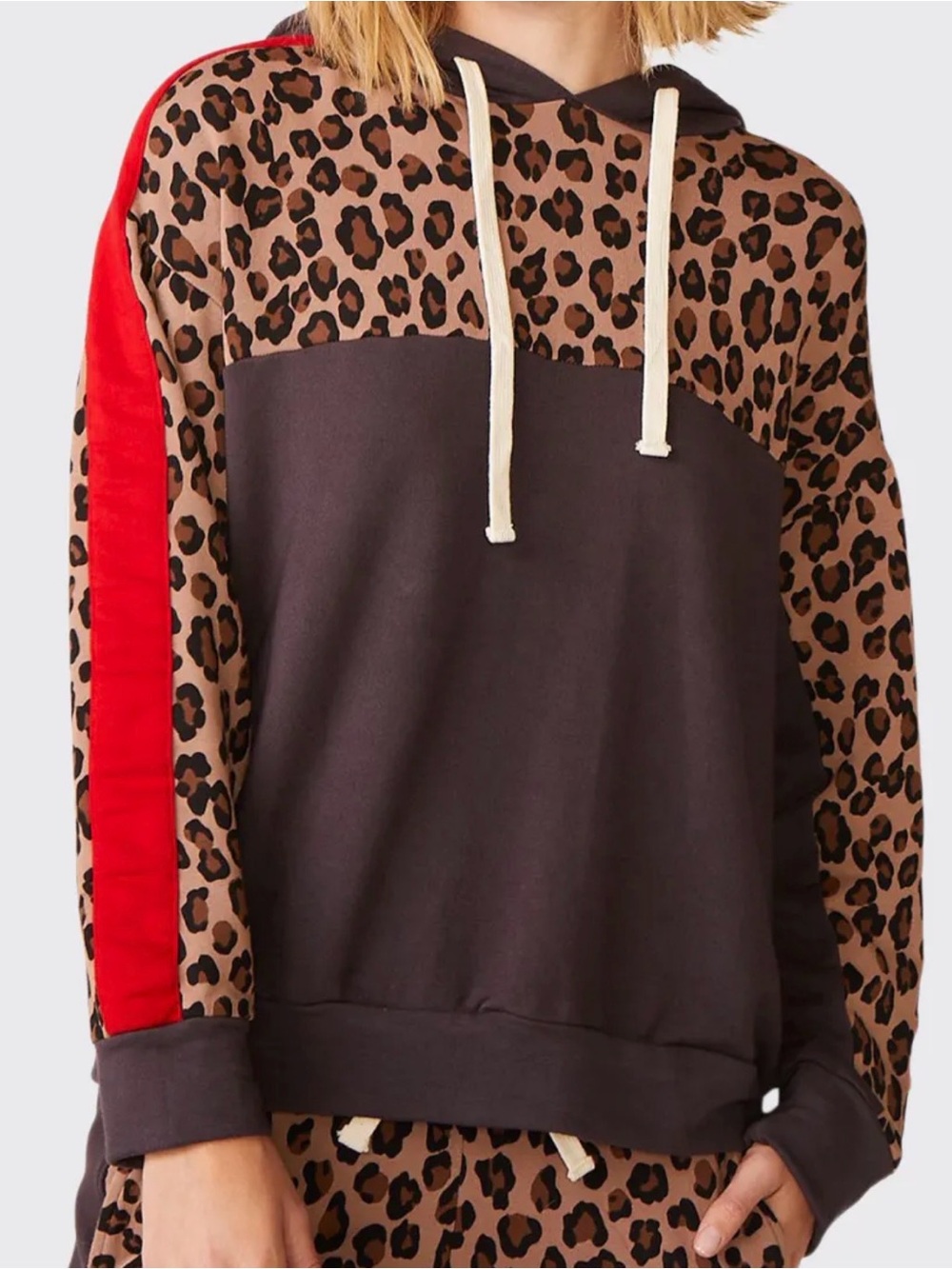Monrow medium Leopard Print Block Pullover Hoodie women sweatshirt top lounge
